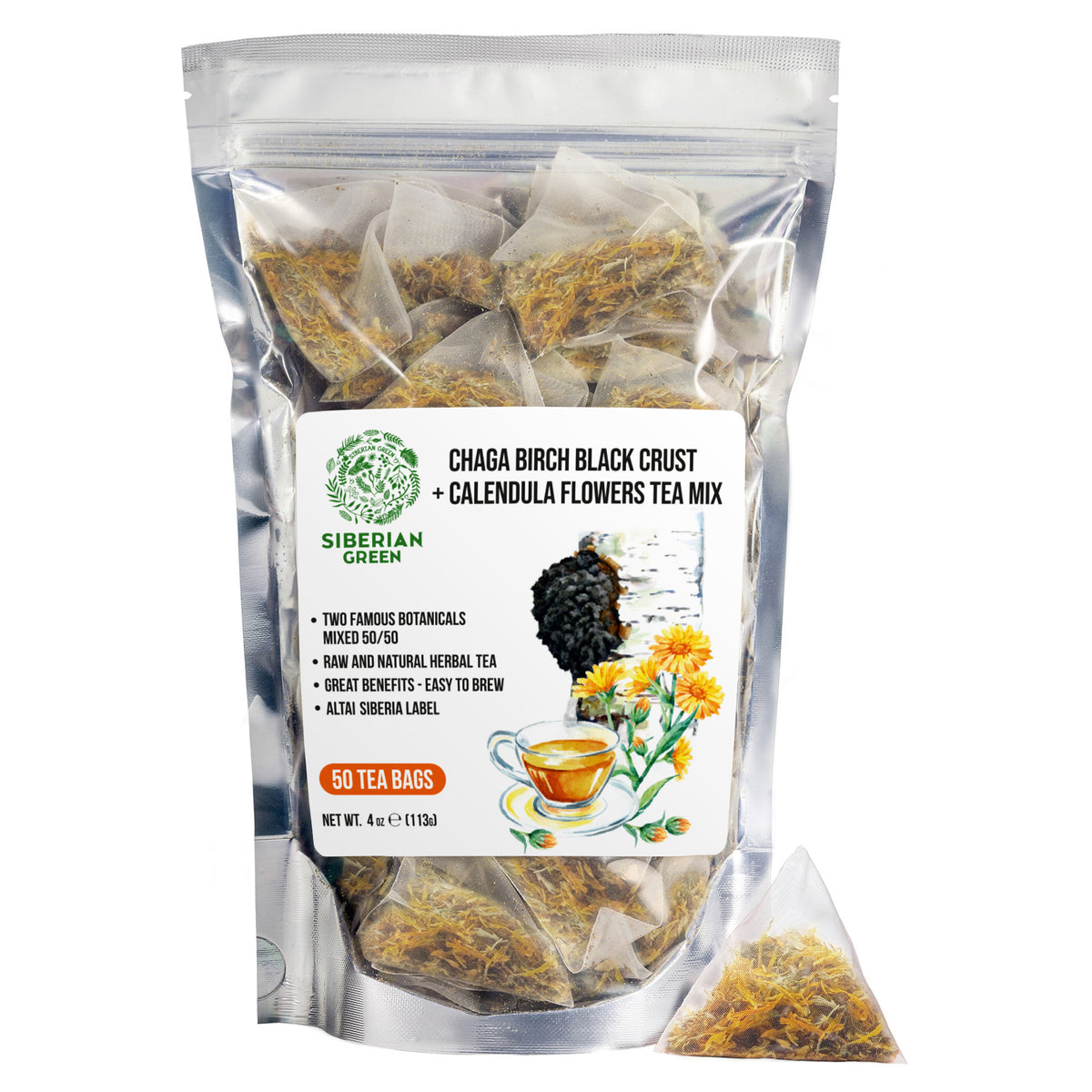 Siberian Green Chaga Tea with Calendula | 50 Tea Bags for Immune and Skin Support