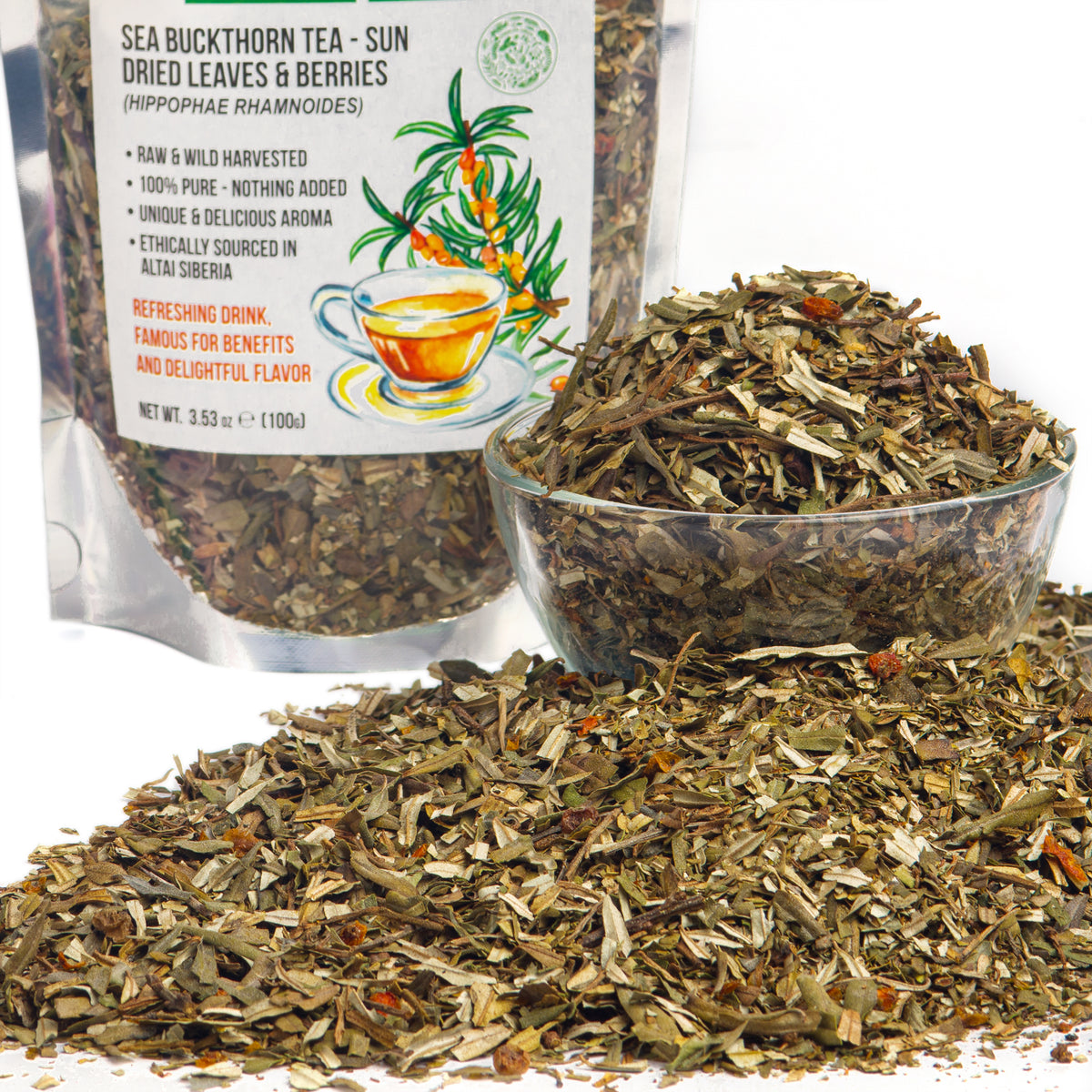 Té de espino amarillo siberiano, 100 g (3,53 oz), hojas secadas al sol de Hippophae, recolectadas de forma silvestre en las montañas de Altái