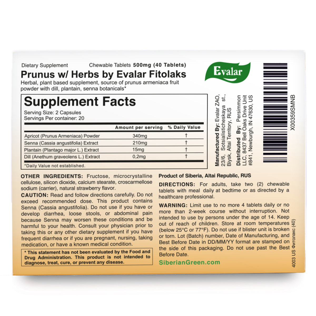 Prunus with Herbs by Evalar Fitolaks 40 Tabs