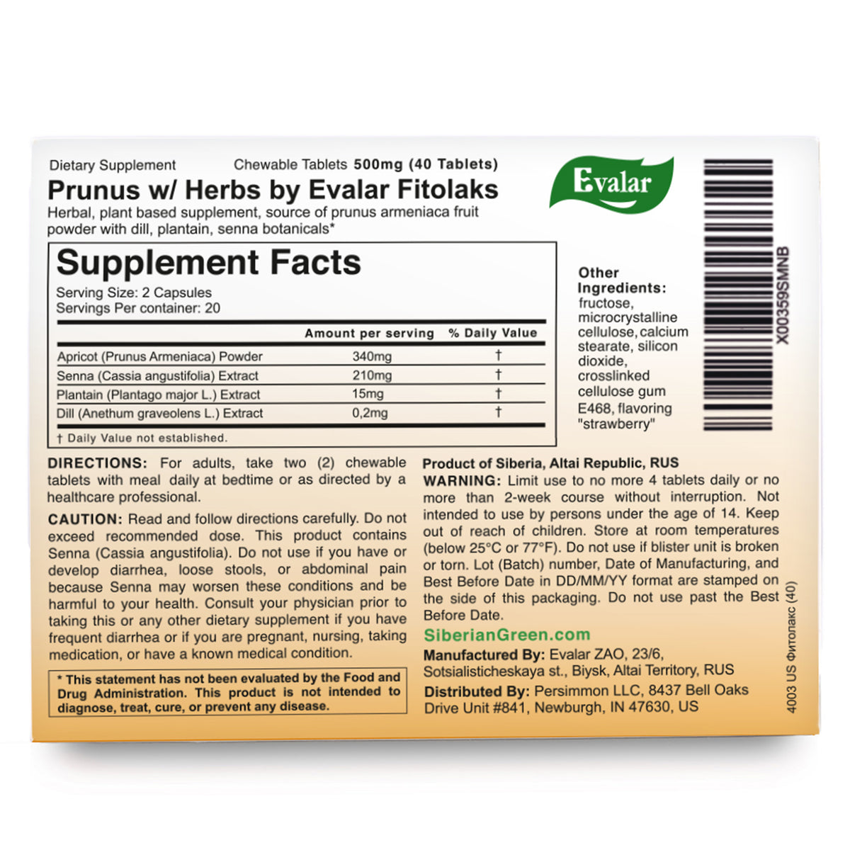 Prunus with Herbs by Evalar Fitolaks 40 Tabs