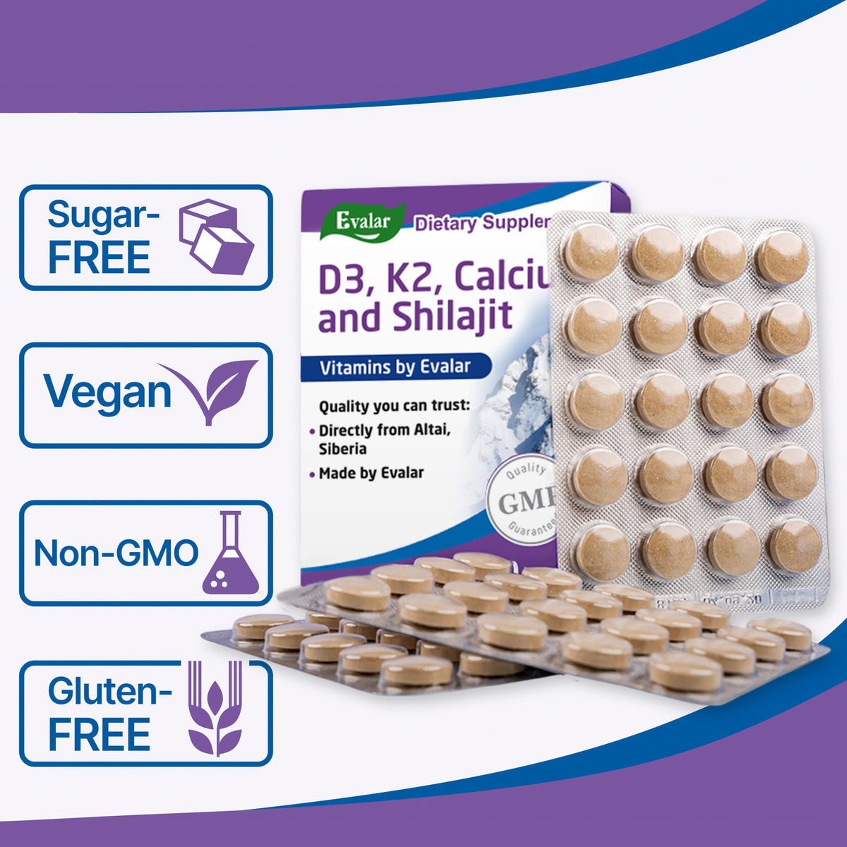 Mountain Calcium with Vitamins D3 + K2 and Shilajit - 80 Tablets | Evalar