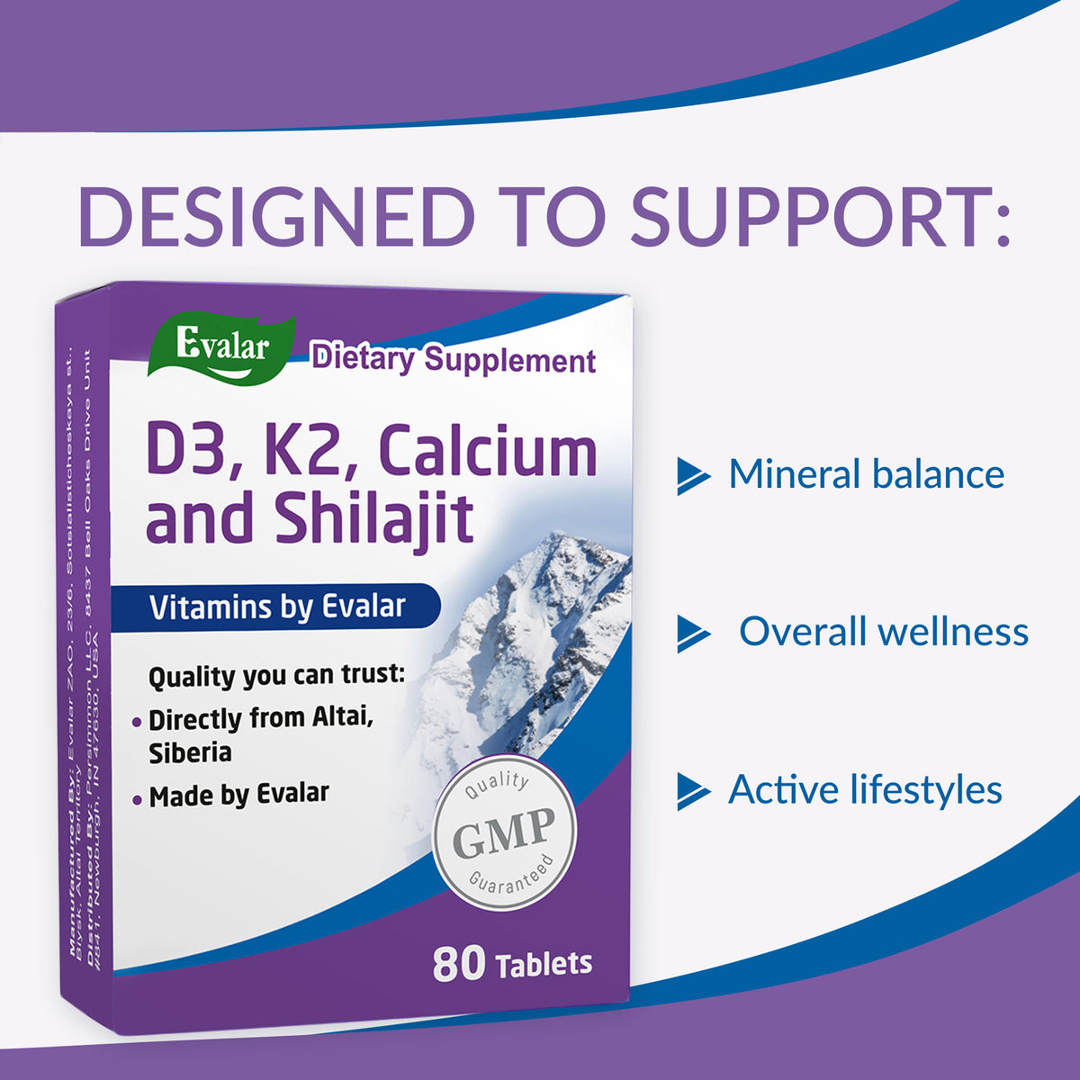 Mountain Calcium with Vitamins D3 + K2 and Shilajit - 80 Tablets | Evalar