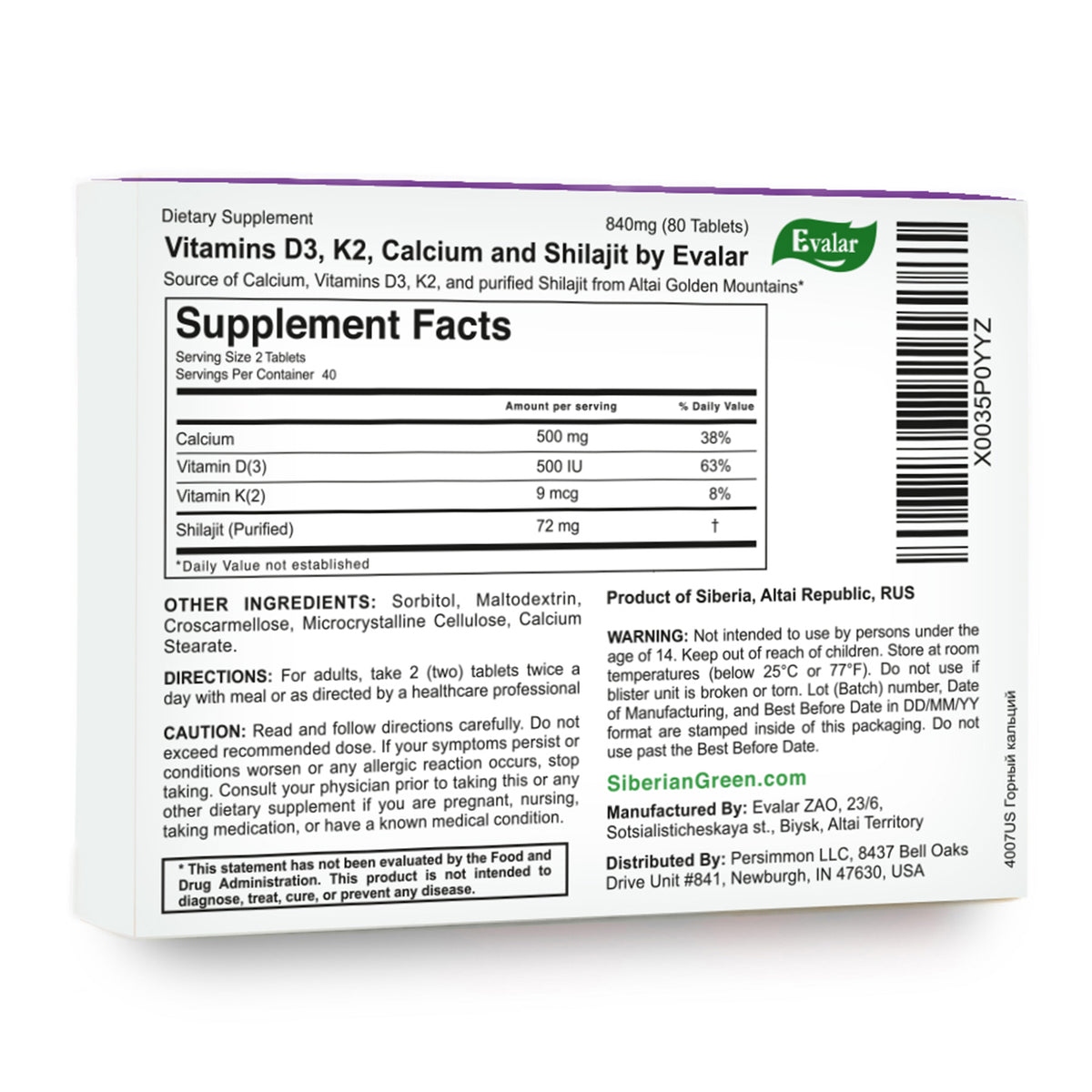 Mountain Calcium with Vitamins D3 + K2 and Shilajit - 80 Tablets | Evalar