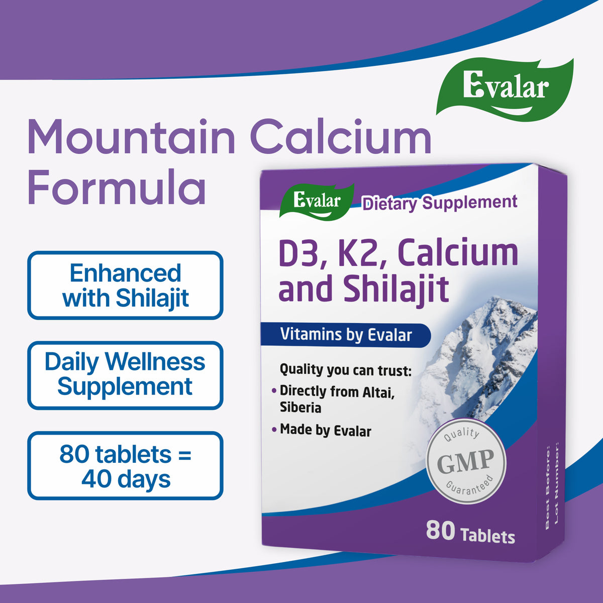 Mountain Calcium with Vitamins D3 + K2 and Shilajit - 80 Tablets | Evalar