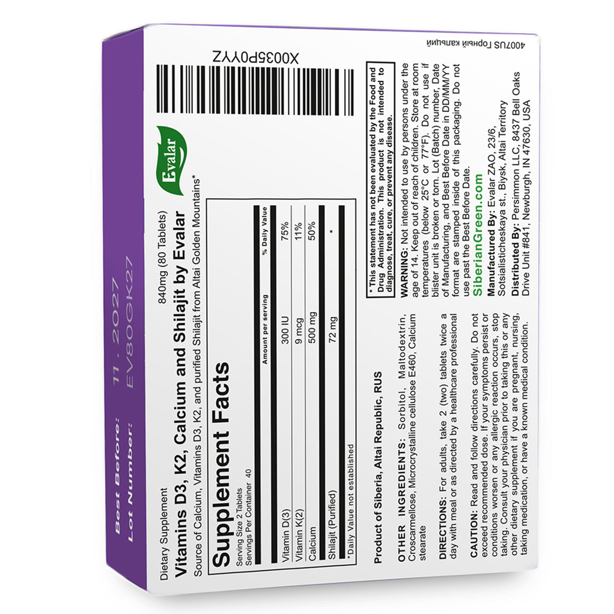 Mountain Calcium with Vitamins D3 + K2 and Shilajit - 80 Tablets | Evalar