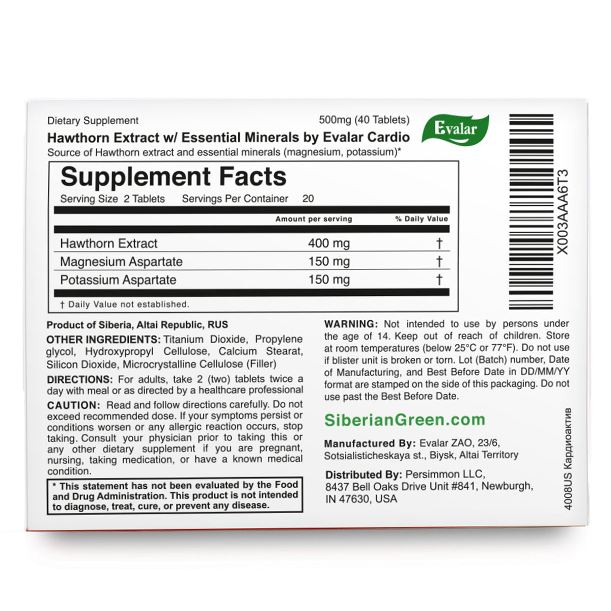 Hawthorn Extract with Essential Minerals by Evalar 40 Tabs