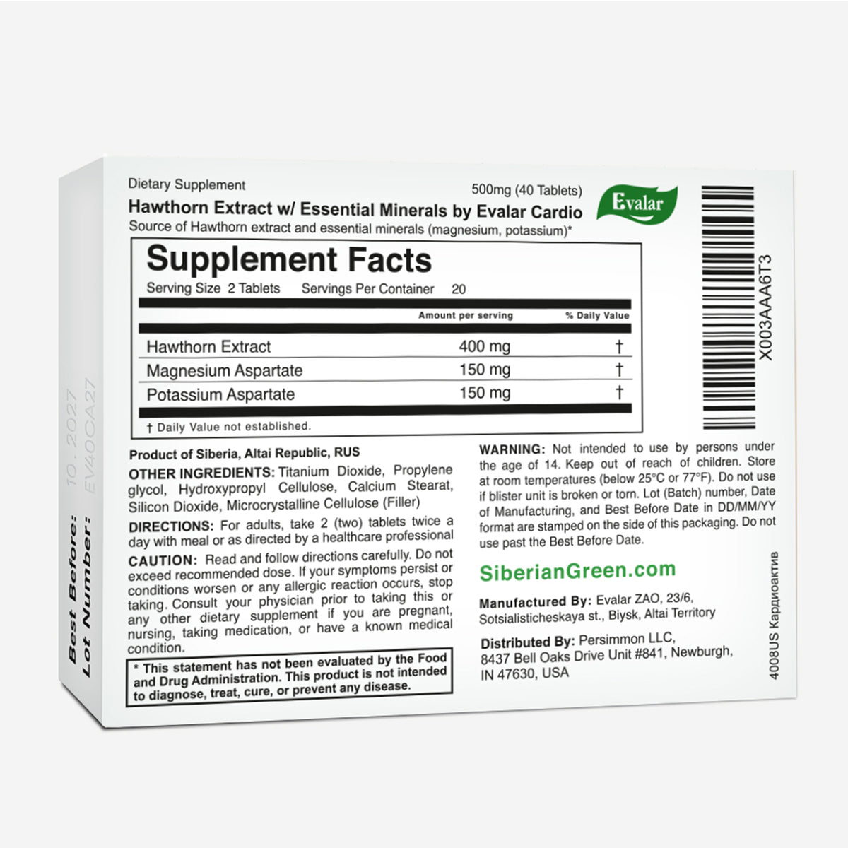 Hawthorn Extract with Essential Minerals by Evalar 40 Tabs