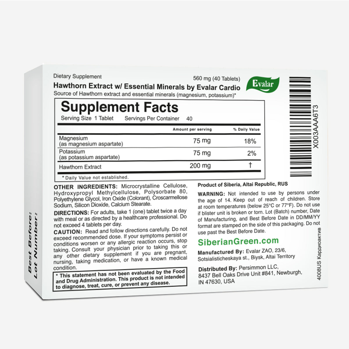 Hawthorn Extract with Essential Minerals by Evalar 40 Tabs