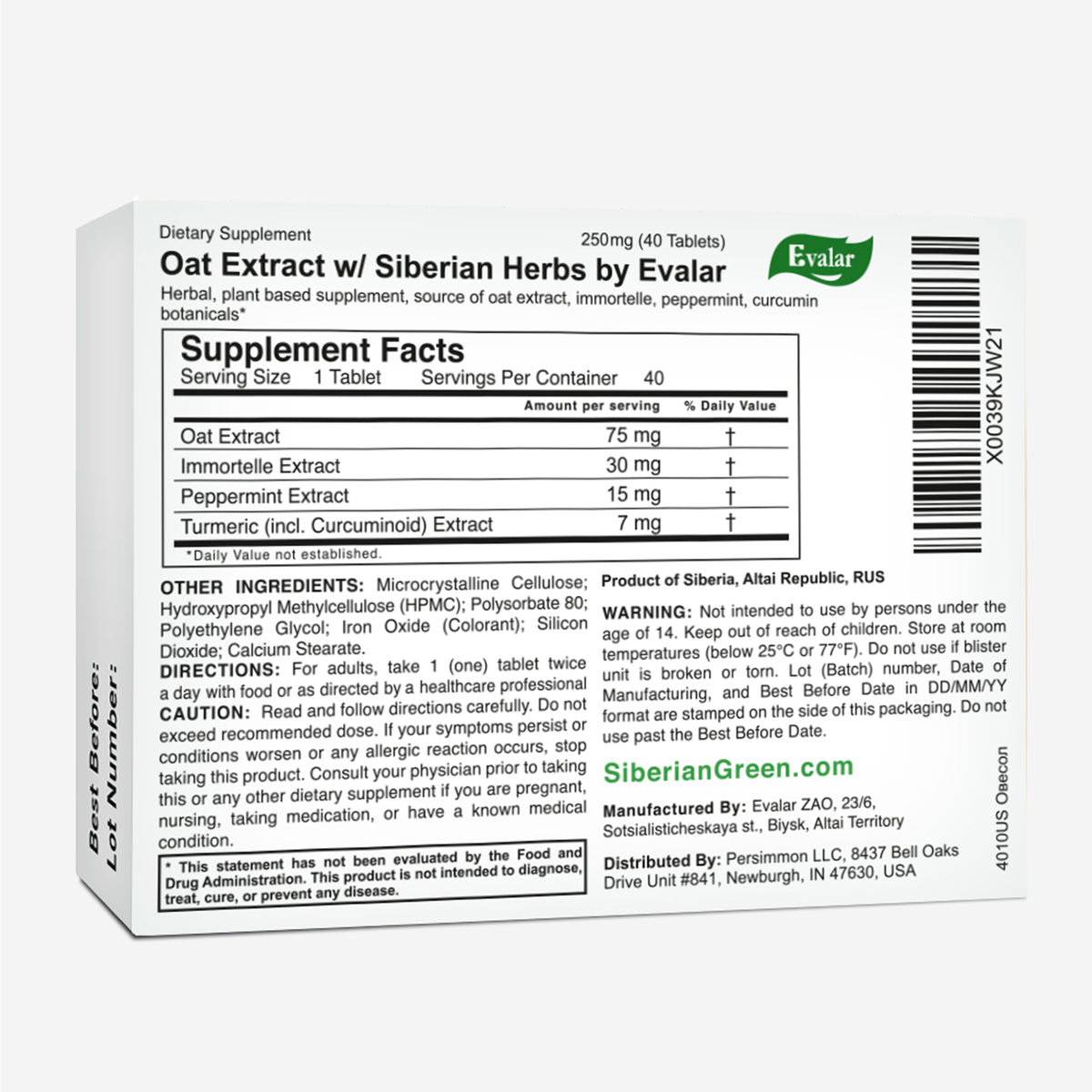 Oat Extract with Herbs by Evalar Ovesol 40 Tabs