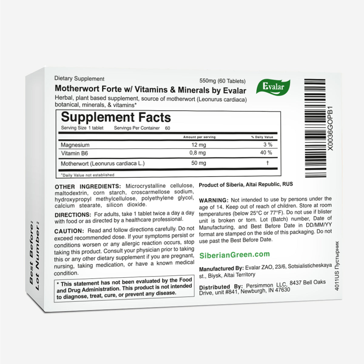 Motherwort Forte Herb with Vitamins by Evalar 40 Tabs