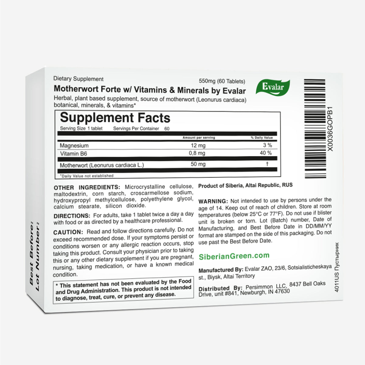 Motherwort Forte Herb with Vitamins by Evalar 40 Tabs