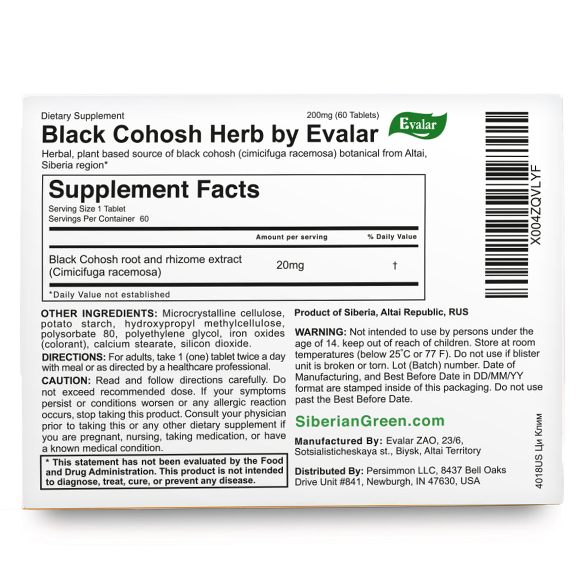 Black Cohosh Herbal Extract by Evalar Ci-Klim 60 Tabs