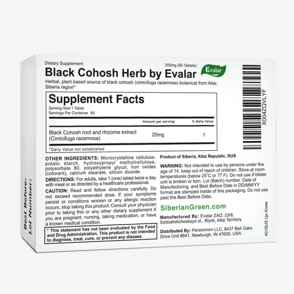Black Cohosh Herbal Extract by Evalar Ci-Klim 60 Tabs