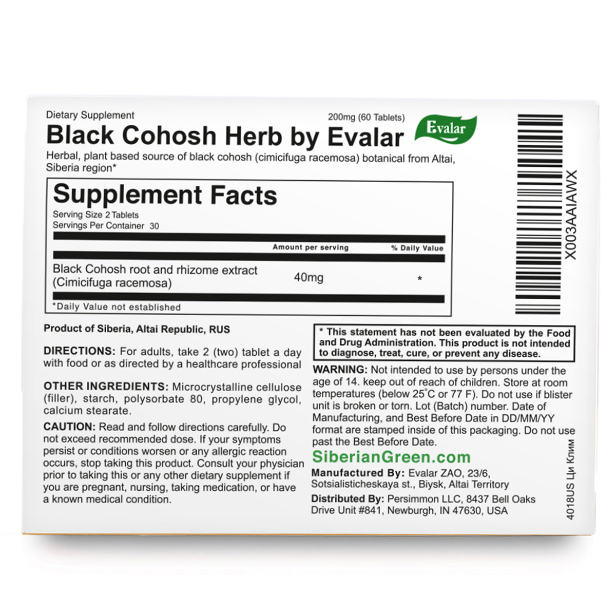 Black Cohosh Herbal Extract by Evalar Ci-Klim 60 Tabs