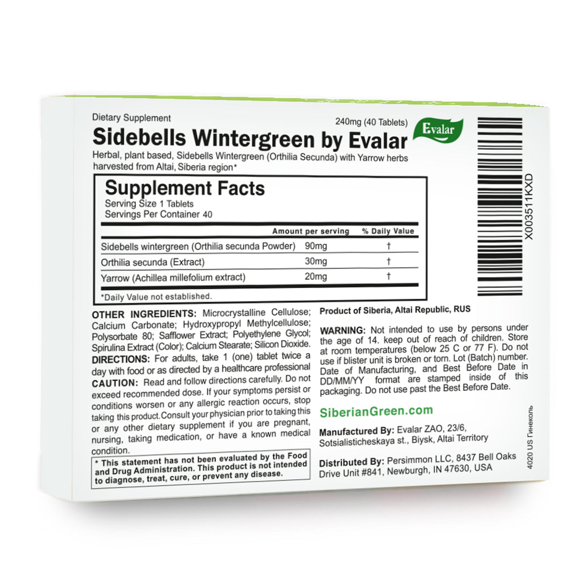 Orthilia Secunda Sidebells Wintergreen Yarrow by Evalar 40 Tabs