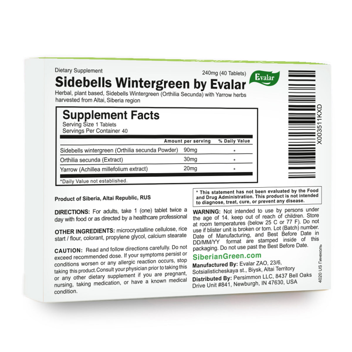 Orthilia Secunda Sidebells Wintergreen Yarrow by Evalar 40 Tabs