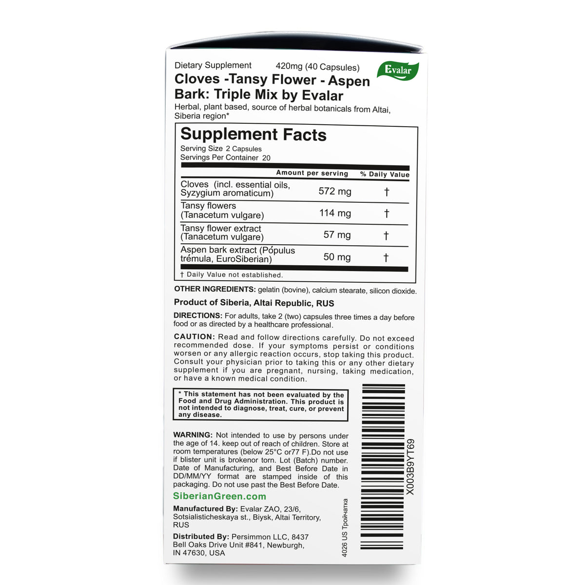Cloves, Tansy & Aspen Herbal Mix – Evalar 40 Capsules