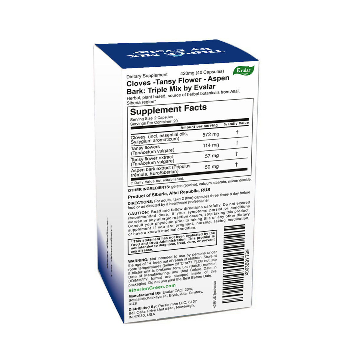 Cloves, Tansy & Aspen Herbal Mix – Evalar 40 Capsules