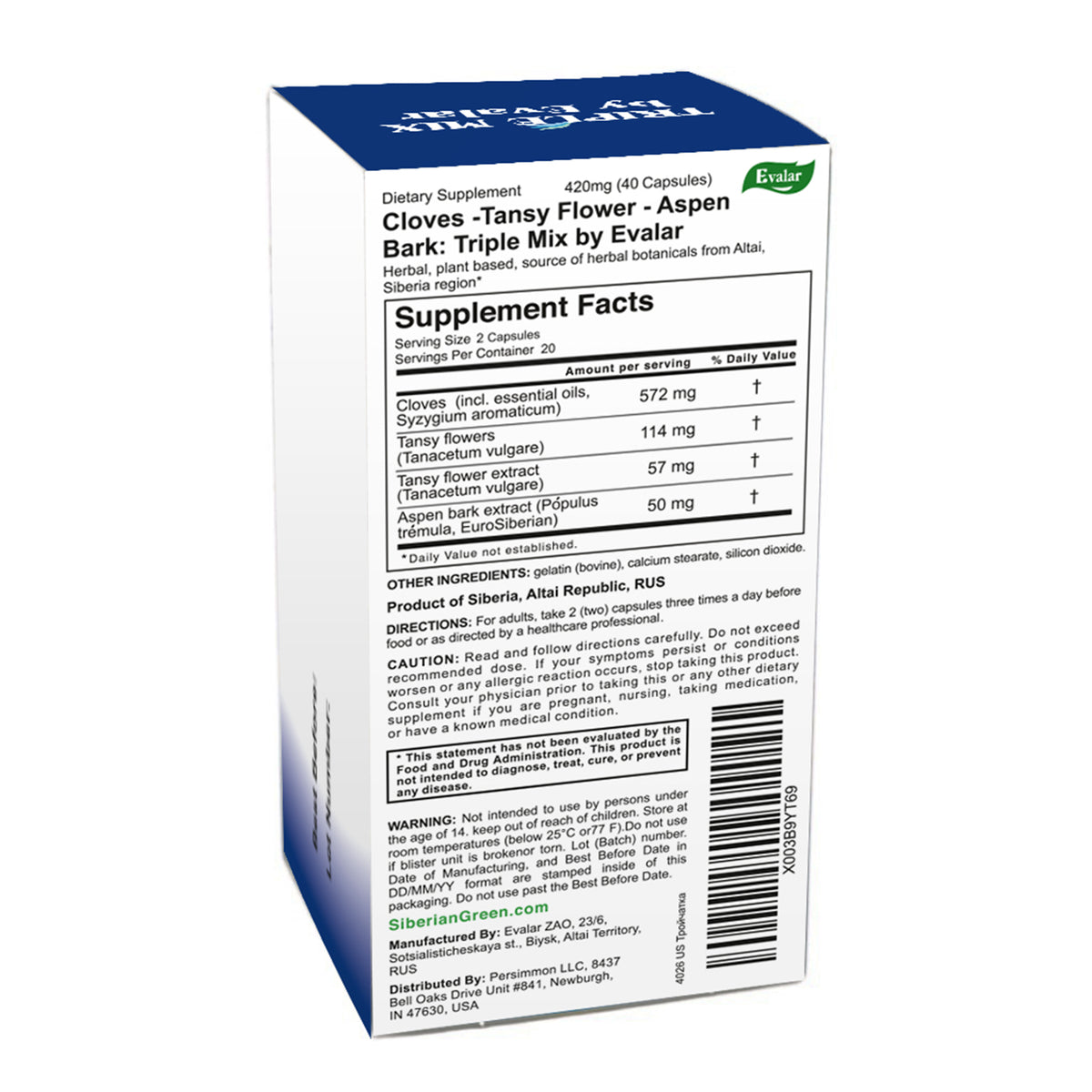 Cloves, Tansy & Aspen Herbal Mix – Evalar 40 Capsules