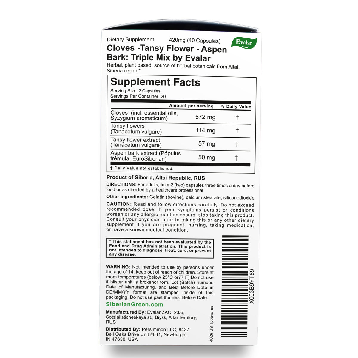 Cloves, Tansy & Aspen Herbal Mix – Evalar 40 Capsules