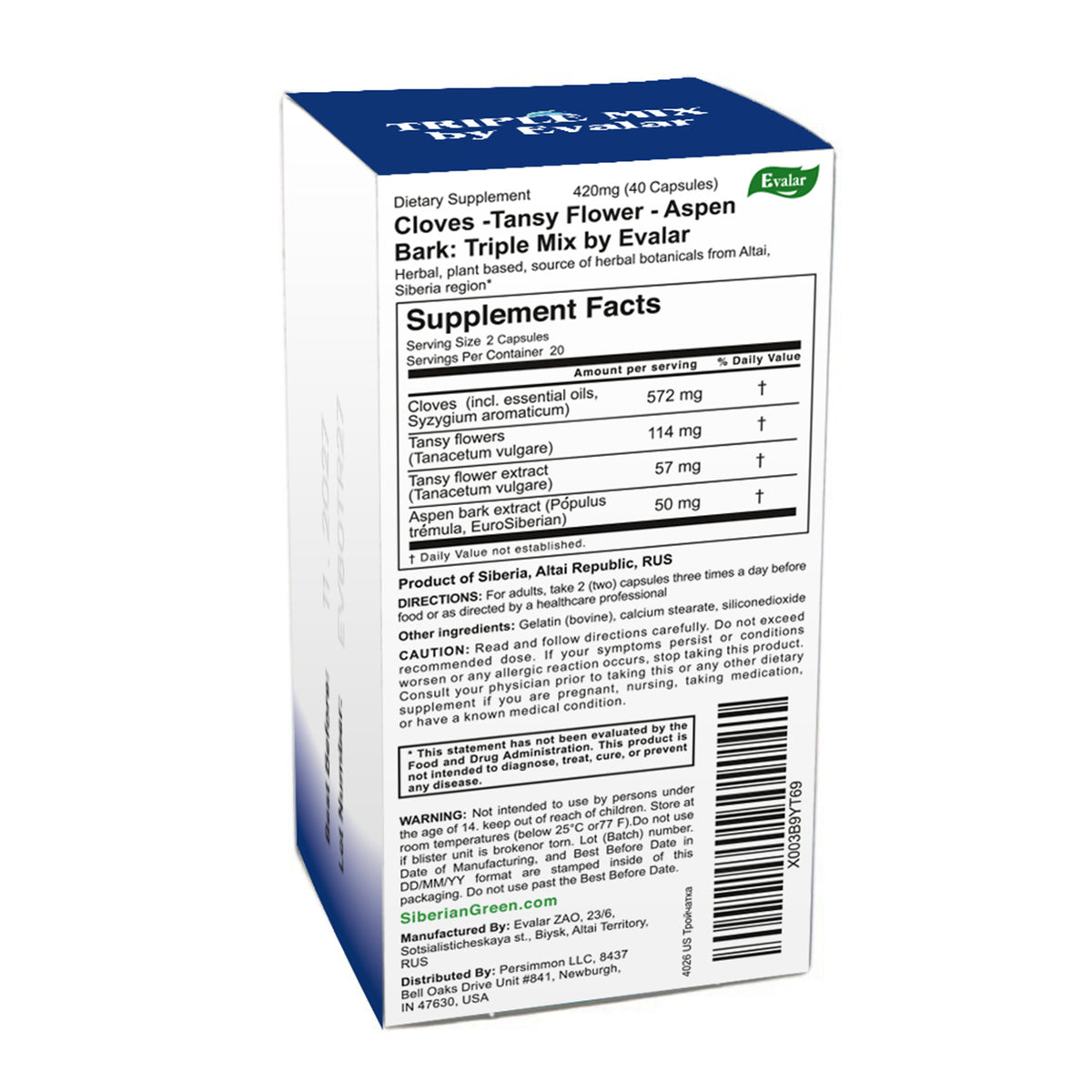 Cloves, Tansy & Aspen Herbal Mix – Evalar 40 Capsules