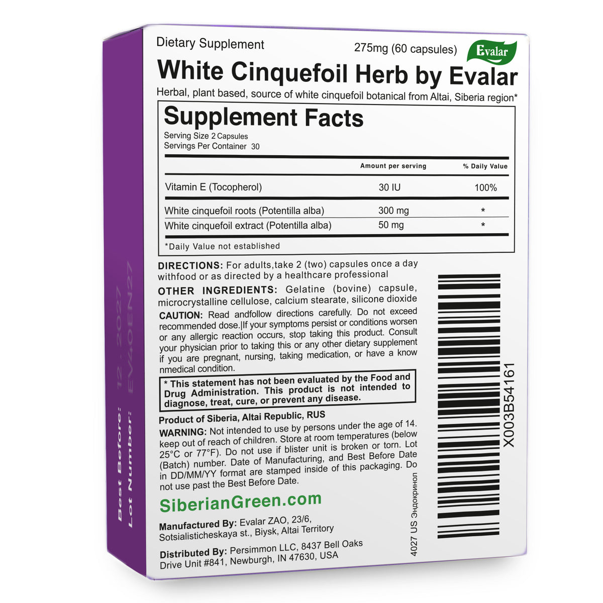 White Cinquefoil Herb by Evalar 60 Caps