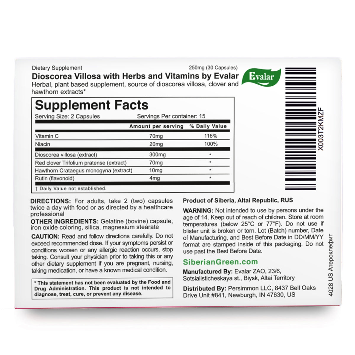 Dioscorea Villosa Wild Yam Red Clover by Evalar Ateroklefit Herb 30 Caps