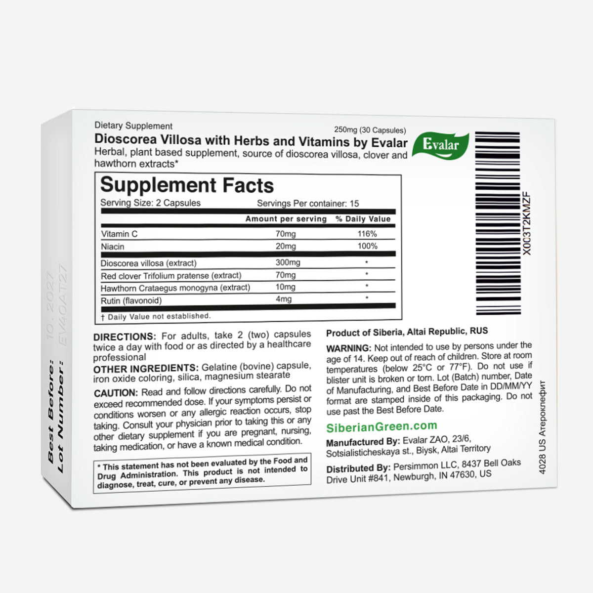 Dioscorea Villosa Wild Yam Red Clover by Evalar Ateroklefit Herb 30 Caps