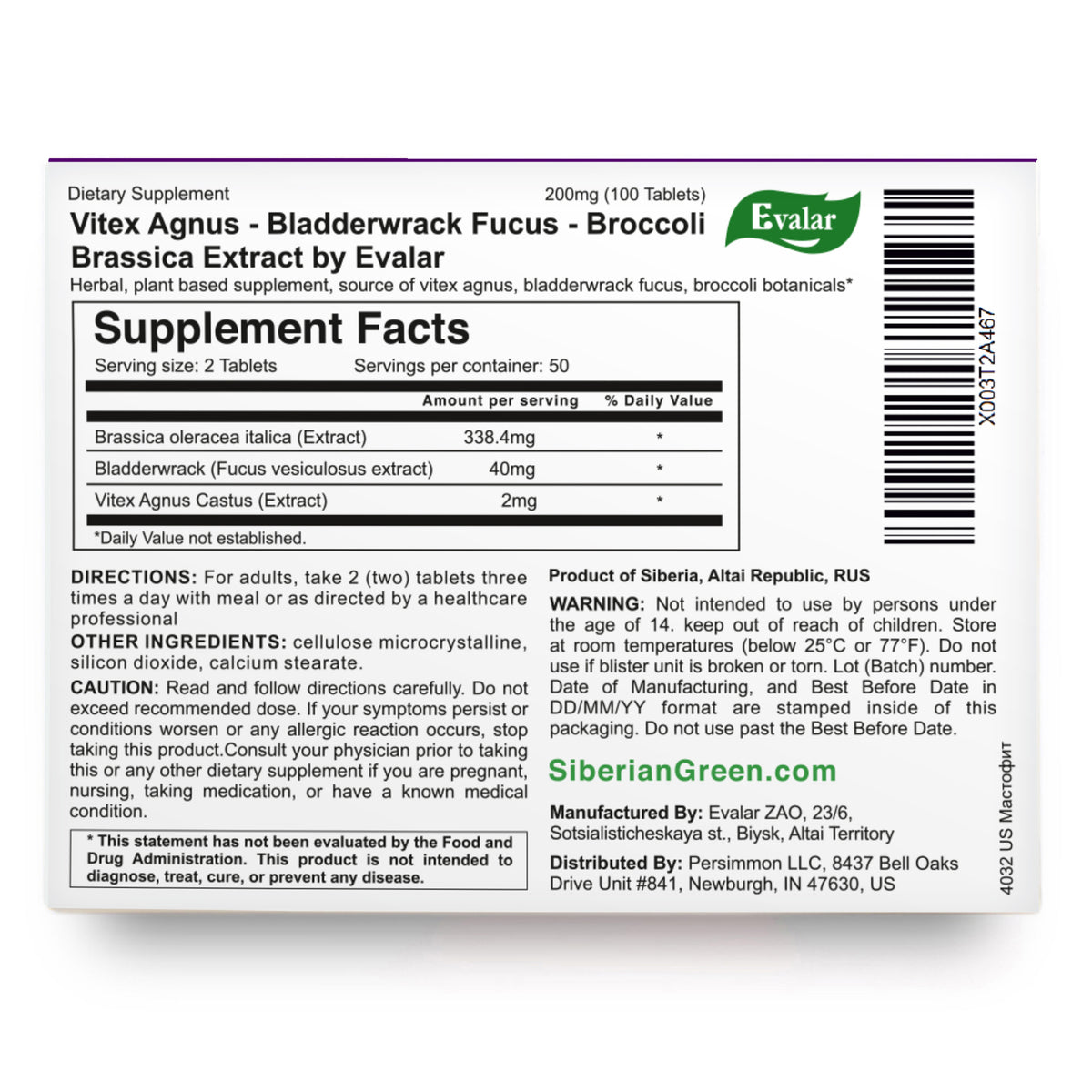 Vitex Chaste Tree Bladderwrack Fucus Extract Mastofit Herb by Evalar 100 Tab