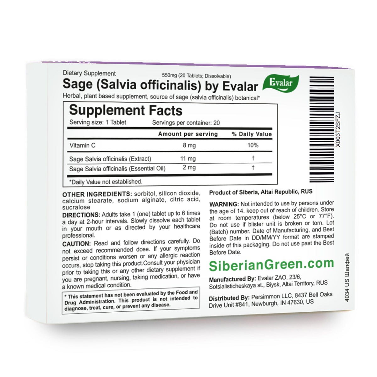 Sage Salvia officinalis Herb by Evalar Dissolvable 20 Tabs