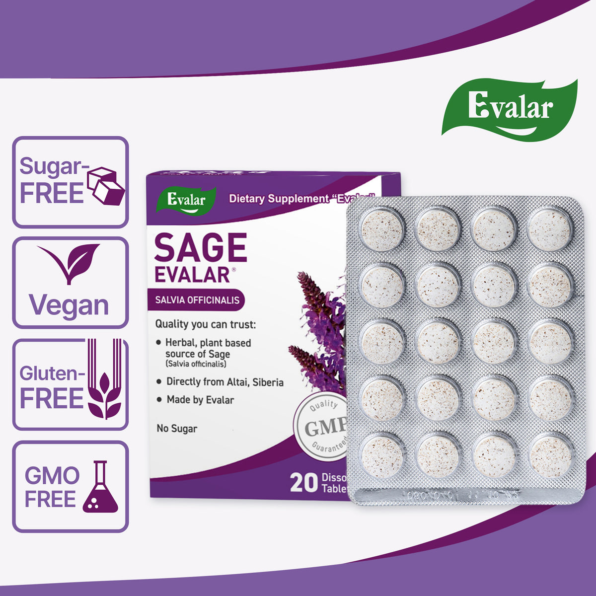 Sage Salvia officinalis Herb by Evalar Dissolvable 20 Tabs
