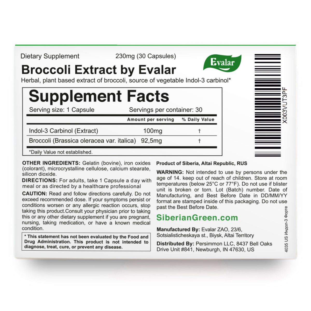 Evalar Broccoli Indol-3 Extract – 30 Capsules