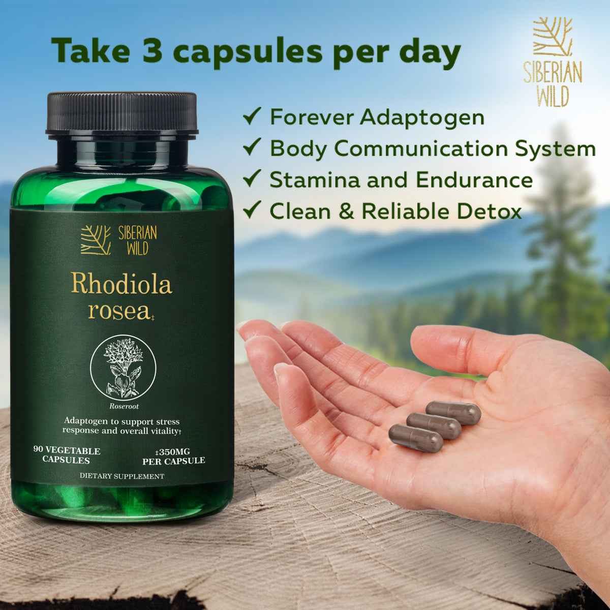 Siberian Wild Rhodiola Rosea Capsules – 350 mg – 90 Vegan Capsules