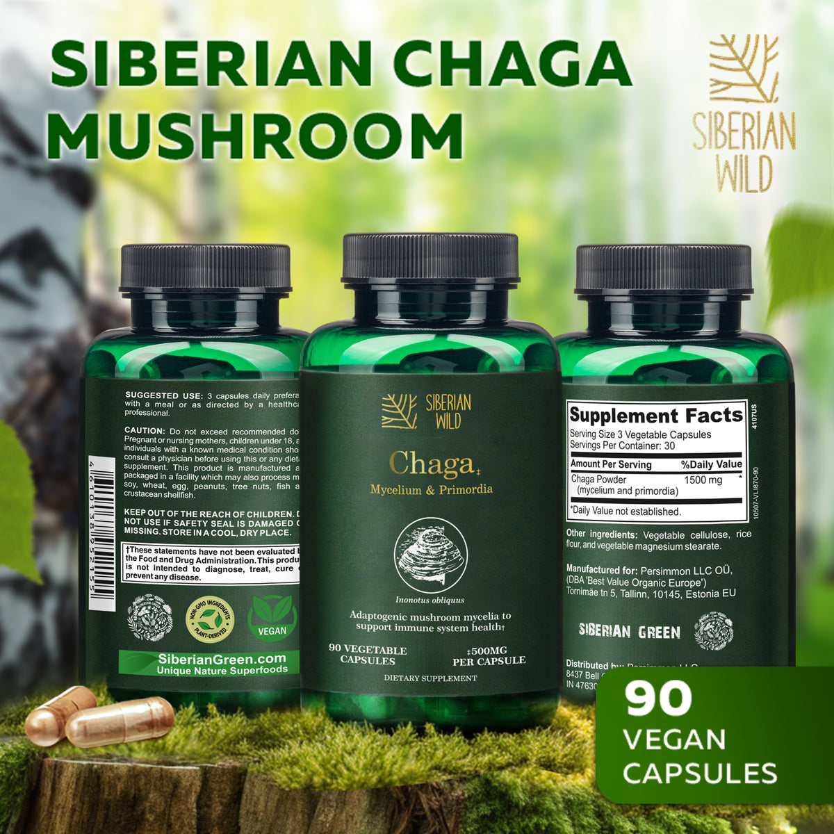 Siberian Wild White Chaga – 1500mg Immunity Capsules with Mycelium and Primordia