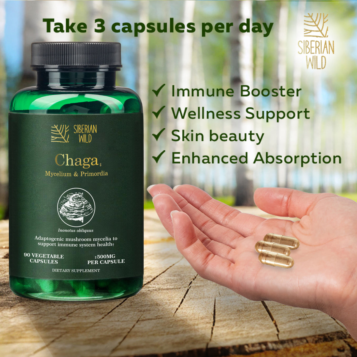 Siberian Wild White Chaga – 1500mg Immunity Capsules with Mycelium and Primordia