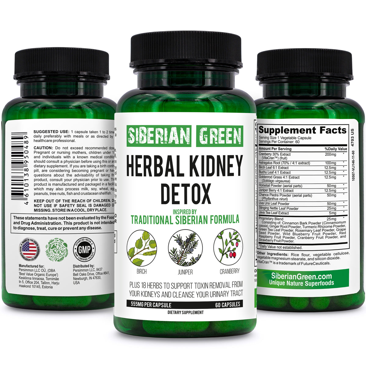 Desintoxicación renal a base de hierbas Siberian Green 60 cápsulas - Arándano, abedul y enebro