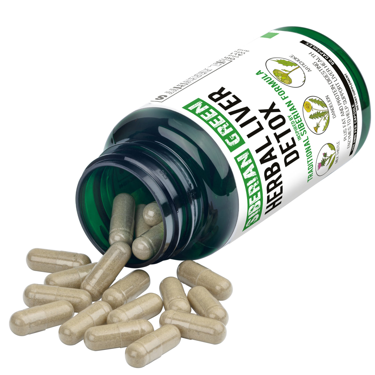 Desintoxicación hepática a base de hierbas Siberian Green 60 cápsulas: cardo mariano, alcachofa, diente de león