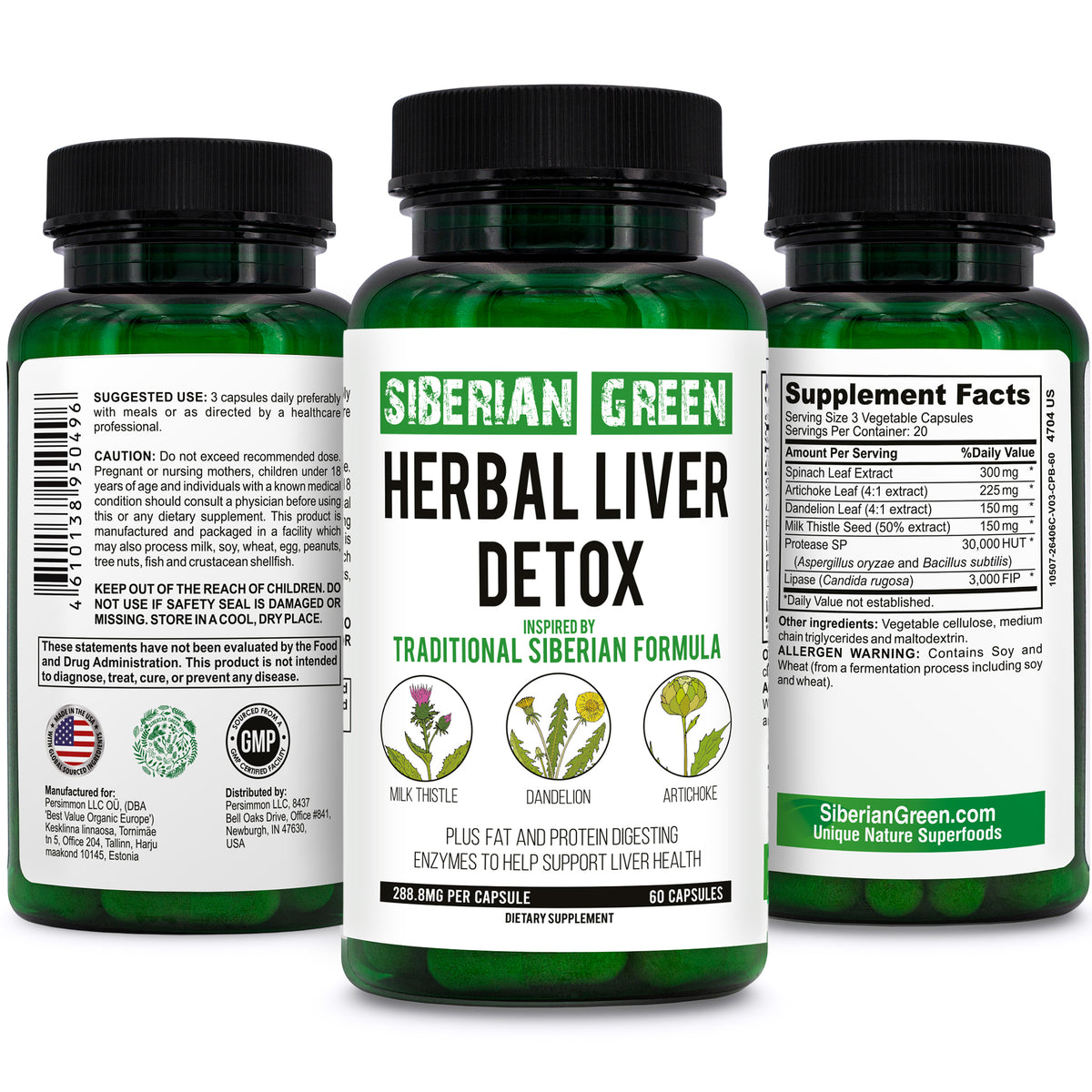 Desintoxicación hepática a base de hierbas Siberian Green 60 cápsulas: cardo mariano, alcachofa, diente de león