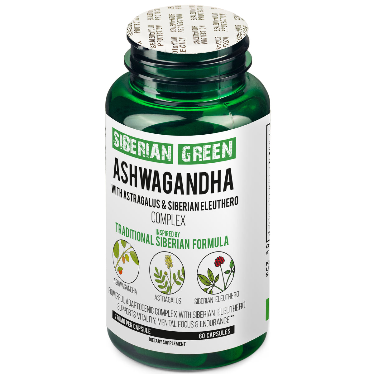Complejo orgánico de raíz de ashwagandha, astrágalo y ginseng eleuterococo siberiano, 60 cápsulas