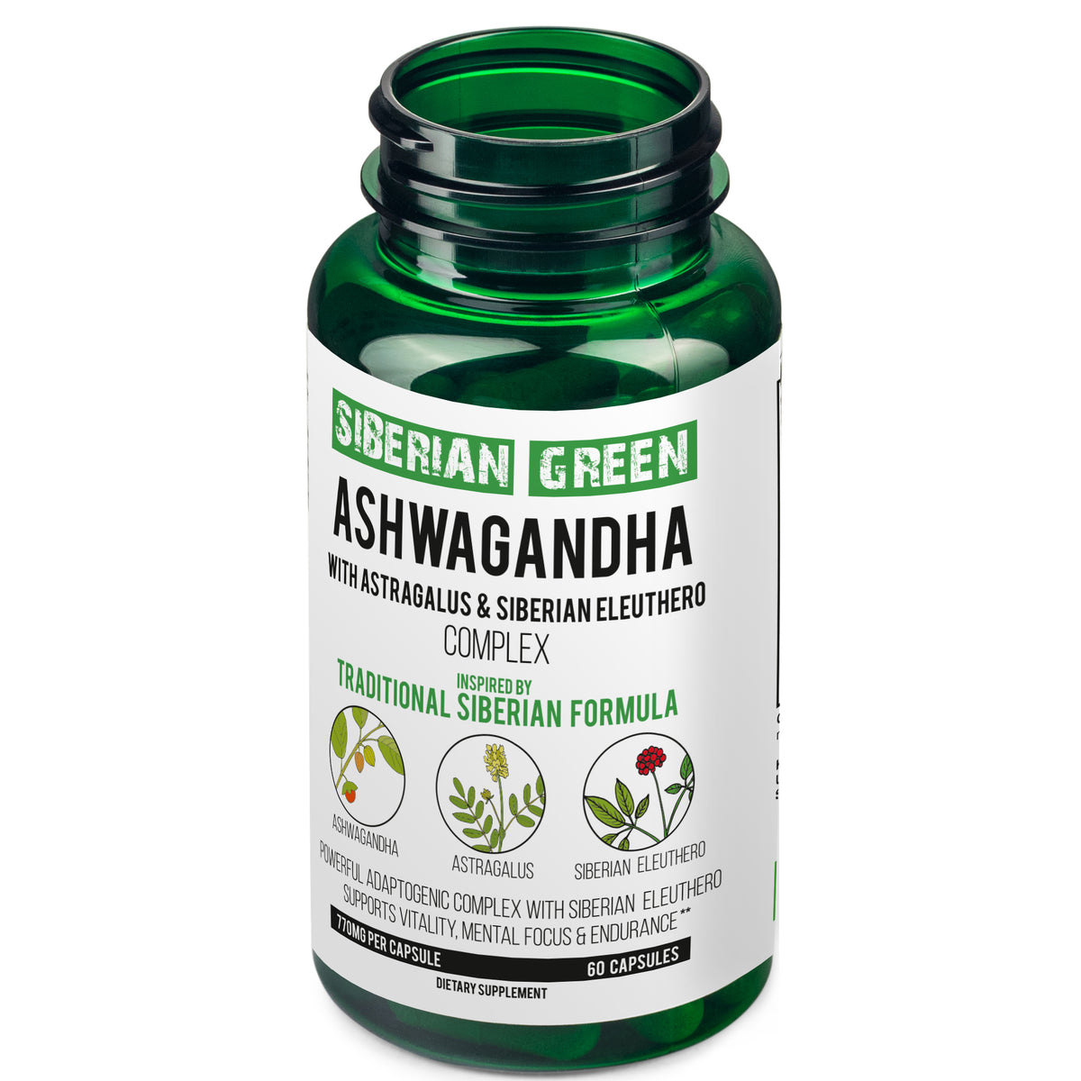 Complejo orgánico de raíz de ashwagandha, astrágalo y ginseng eleuterococo siberiano, 60 cápsulas