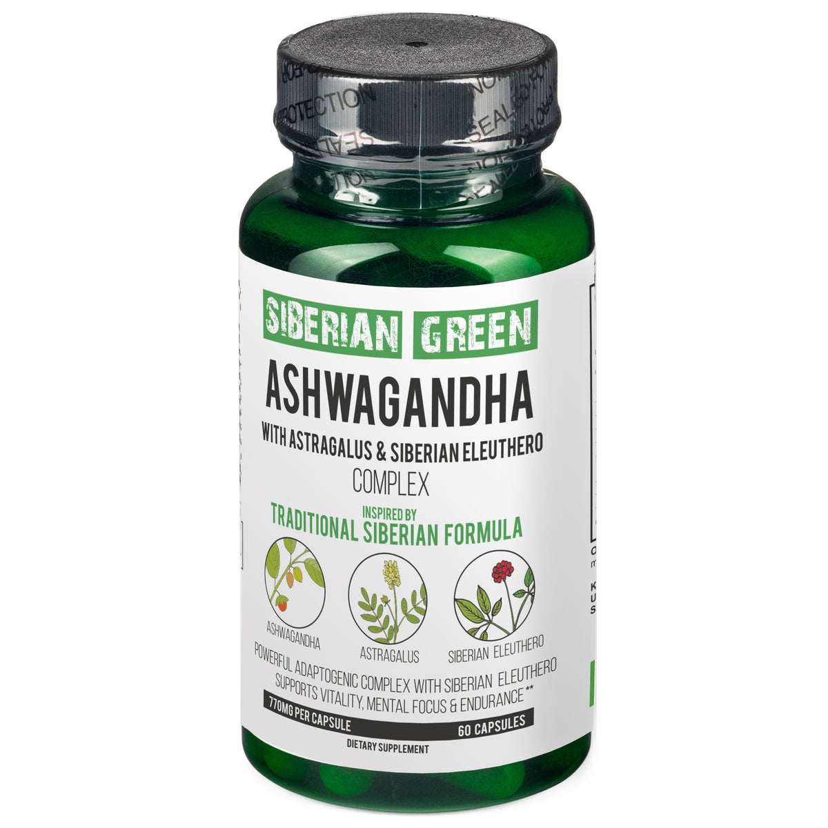 Complejo orgánico de raíz de ashwagandha, astrágalo y ginseng eleuterococo siberiano, 60 cápsulas