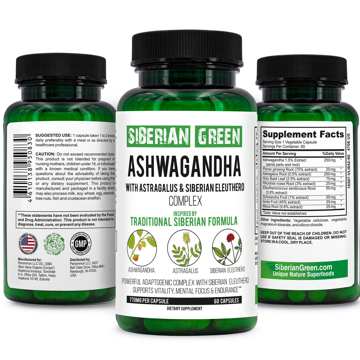 Complejo orgánico de raíz de ashwagandha, astrágalo y ginseng eleuterococo siberiano, 60 cápsulas