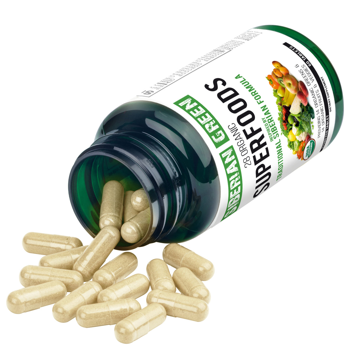 Fórmula Siberian Green de 28 superalimentos, 60 tabletas: verduras y frutas nutritivas con certificación orgánica Essential Greens