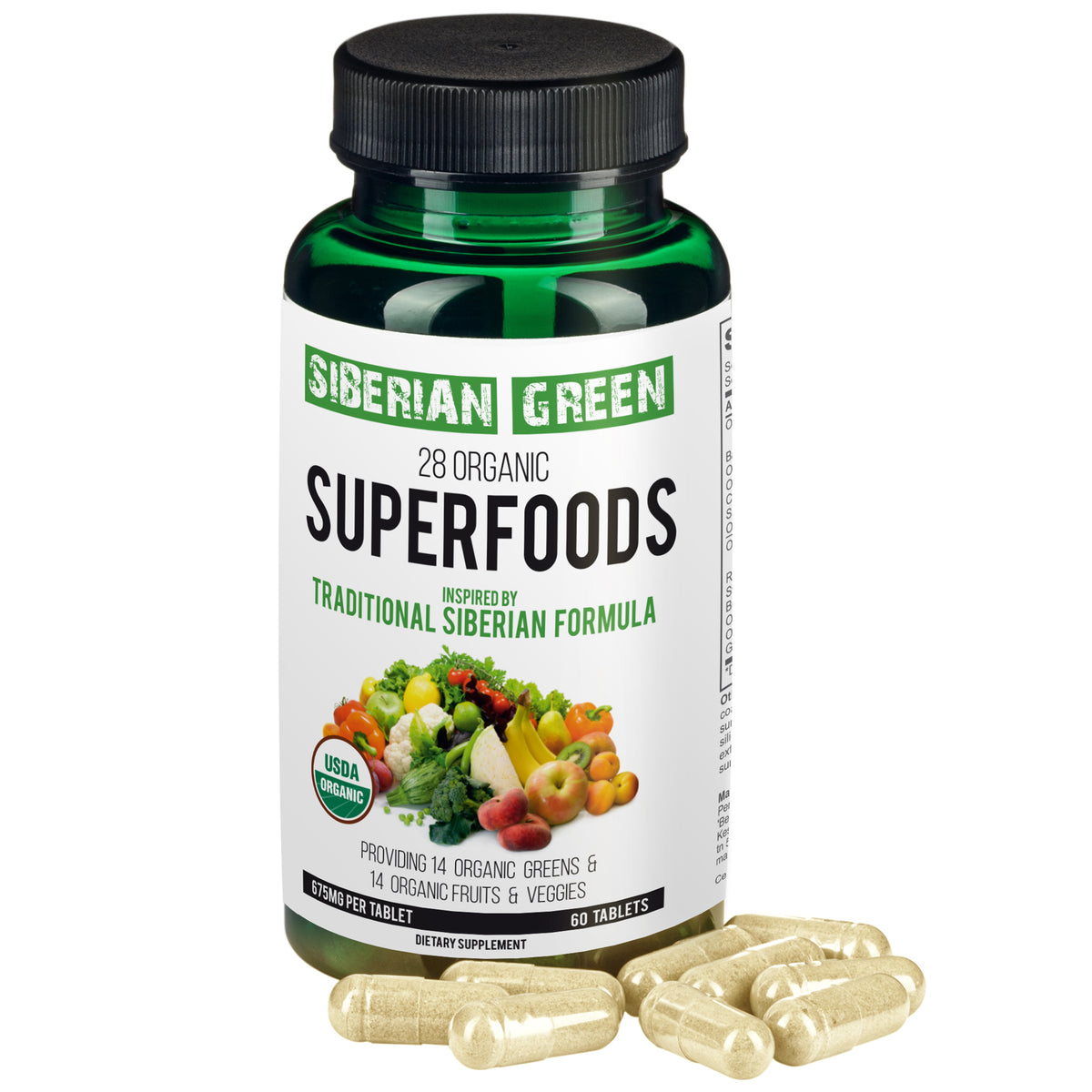 Fórmula Siberian Green de 28 superalimentos, 60 tabletas: verduras y frutas nutritivas con certificación orgánica Essential Greens