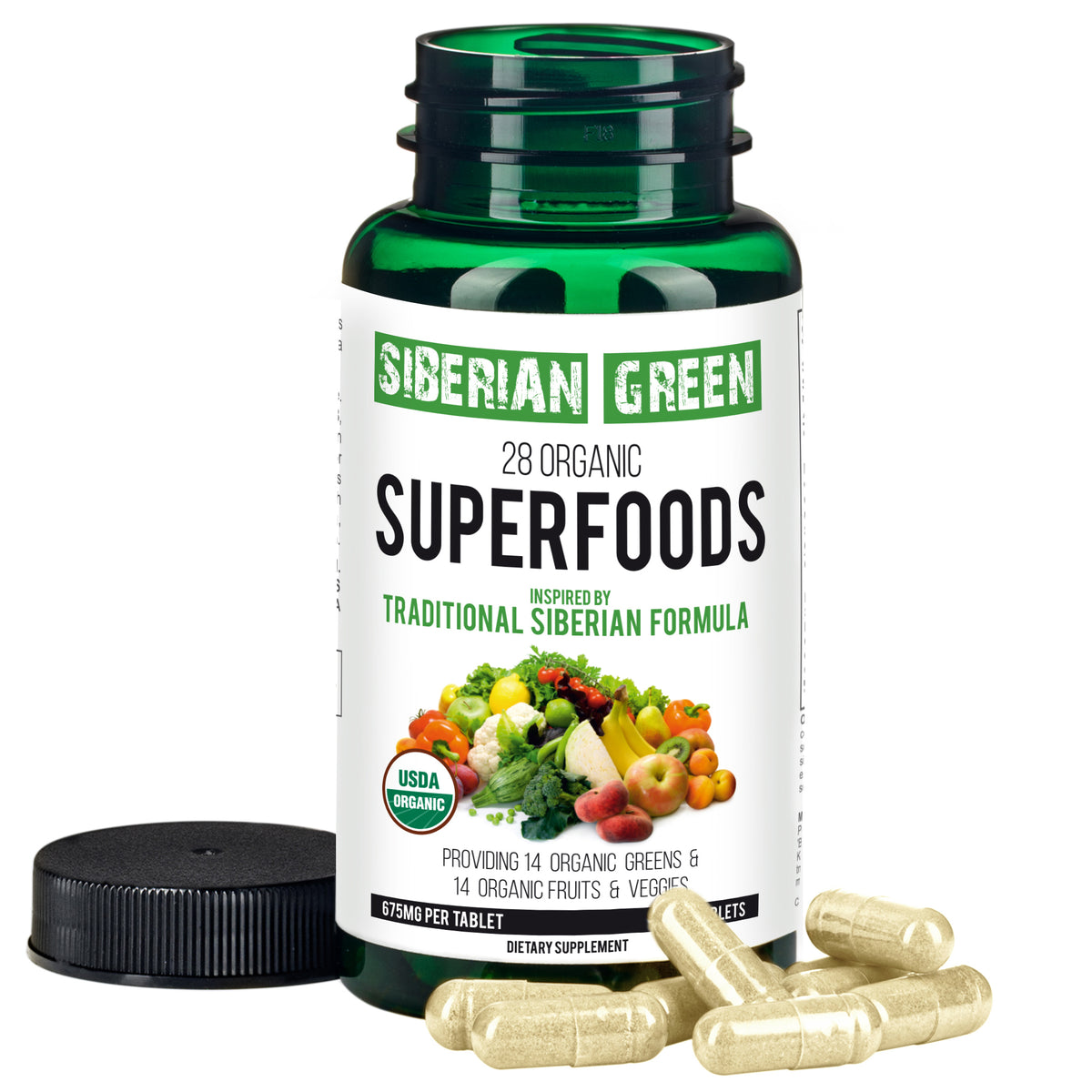 Fórmula Siberian Green de 28 superalimentos, 60 tabletas: verduras y frutas nutritivas con certificación orgánica Essential Greens