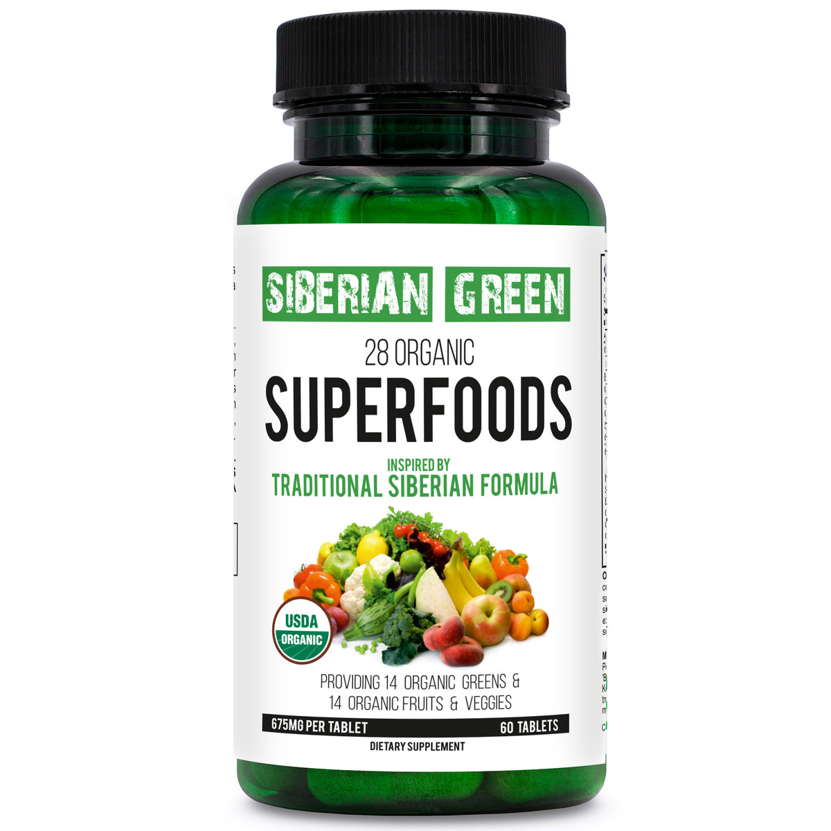 Fórmula Siberian Green de 28 superalimentos, 60 tabletas: verduras y frutas nutritivas con certificación orgánica Essential Greens