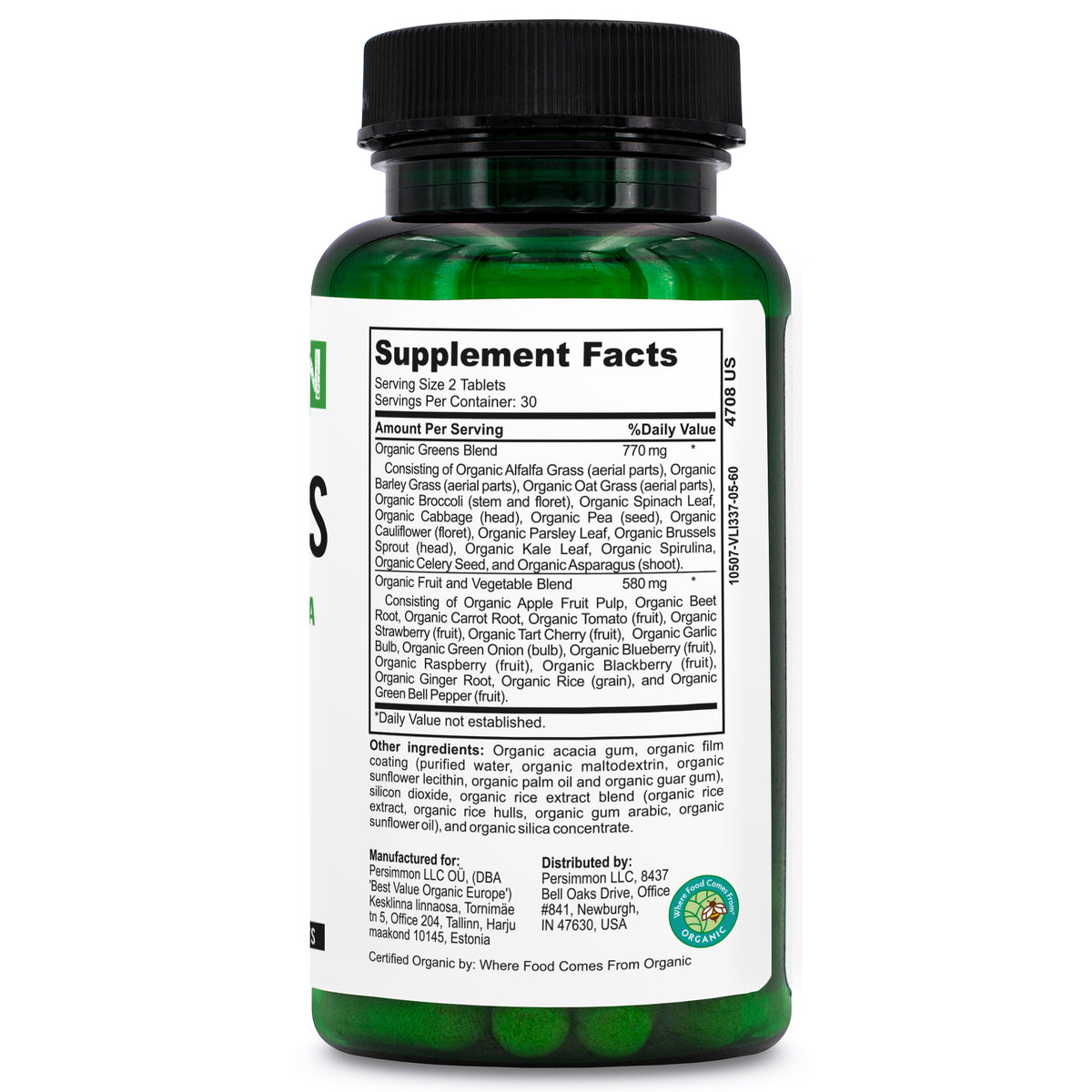 Fórmula Siberian Green de 28 superalimentos, 60 tabletas: verduras y frutas nutritivas con certificación orgánica Essential Greens