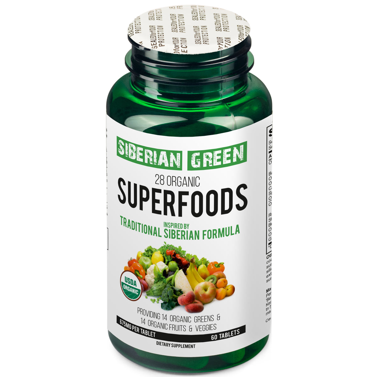 Fórmula Siberian Green de 28 superalimentos, 60 tabletas: verduras y frutas nutritivas con certificación orgánica Essential Greens