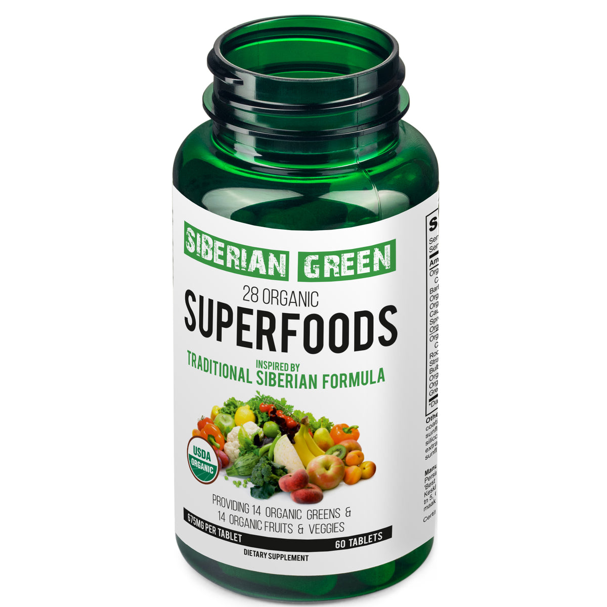 Fórmula Siberian Green de 28 superalimentos, 60 tabletas: verduras y frutas nutritivas con certificación orgánica Essential Greens
