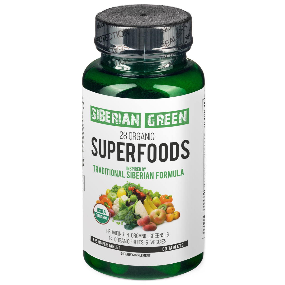 Fórmula Siberian Green de 28 superalimentos, 60 tabletas: verduras y frutas nutritivas con certificación orgánica Essential Greens